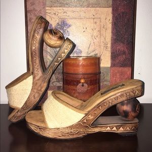 Unique Boho handmade carved wooden heels size 9